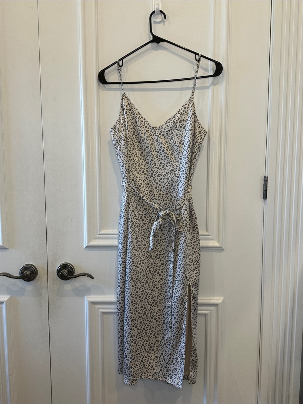 Abercrombie & Fitch Beige Leopard-Print Midi Slip Dress with Tie Waist